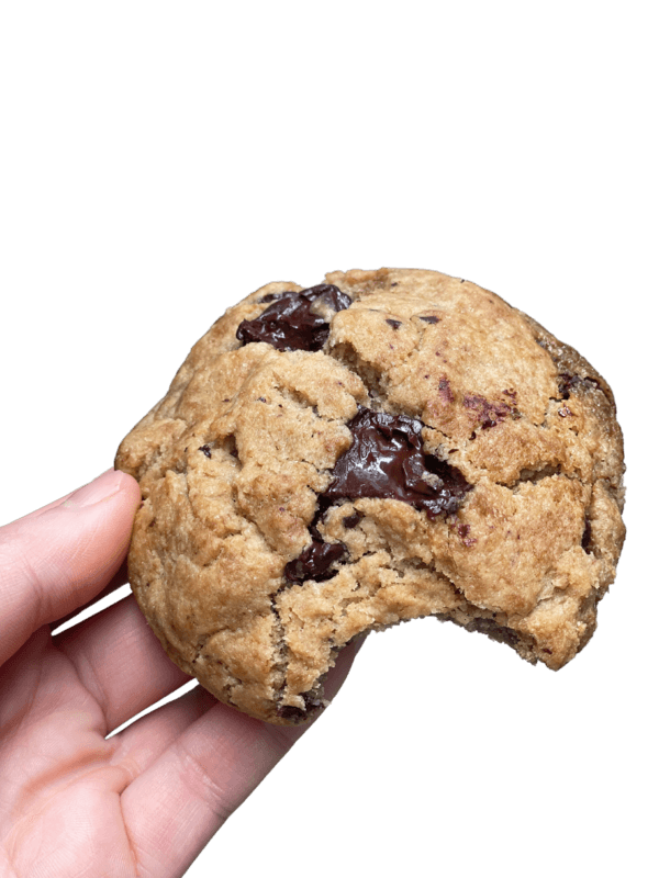 A hand holding a chocolate chip cookie